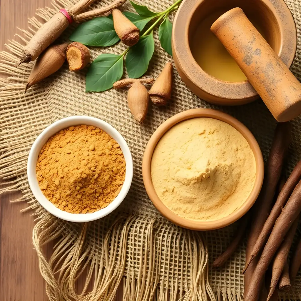 Brahmi Powder for Brain Health
Brahmi powder and Ashwagandha powder side by side with Ayurvedic tools, illustrating their complementary uses.