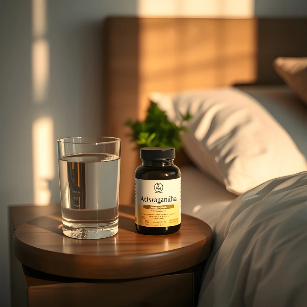 Nighttime routine with ashwagandha supplements on a bedside table, promoting relaxation and better sleep.