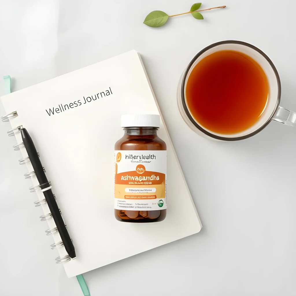 Wellness journal, ashwagandha capsules, and herbal tea showcasing a holistic lifestyle for anxiety relief.