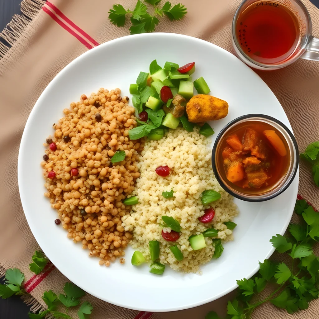 A balanced Ayurvedic meal plate with cooked quinoa, raw salad, warm curry, and herbal tea on a rustic setting.