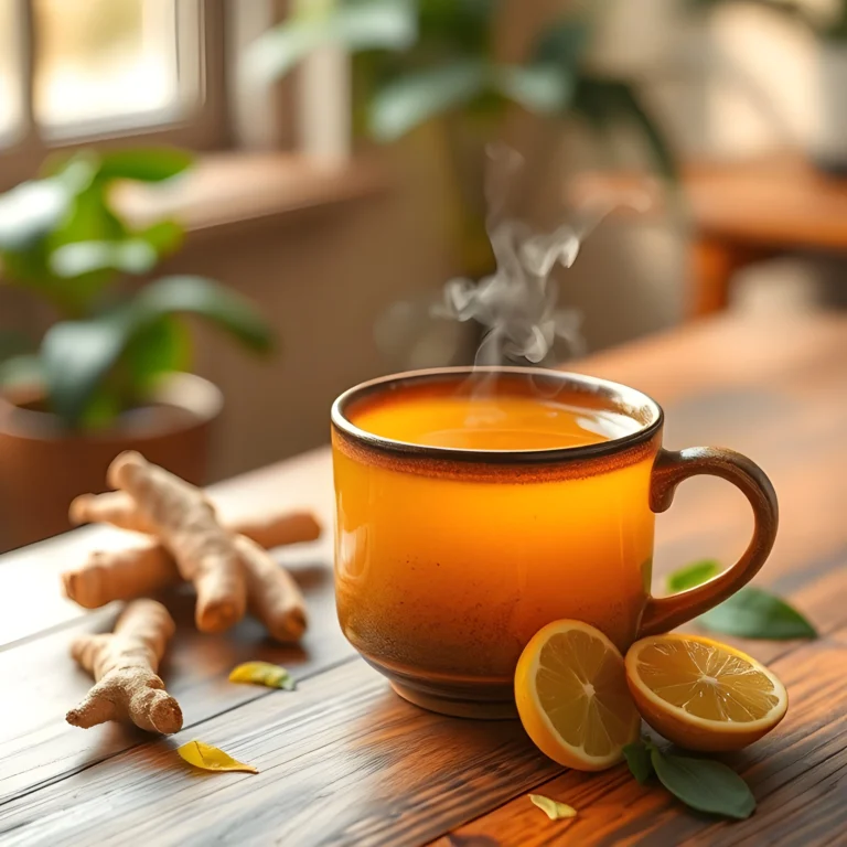 Steaming Ayurvedic detox tea with turmeric, ginger, and tulsi leaves on a wooden table, highlighting natural detox ingredients.