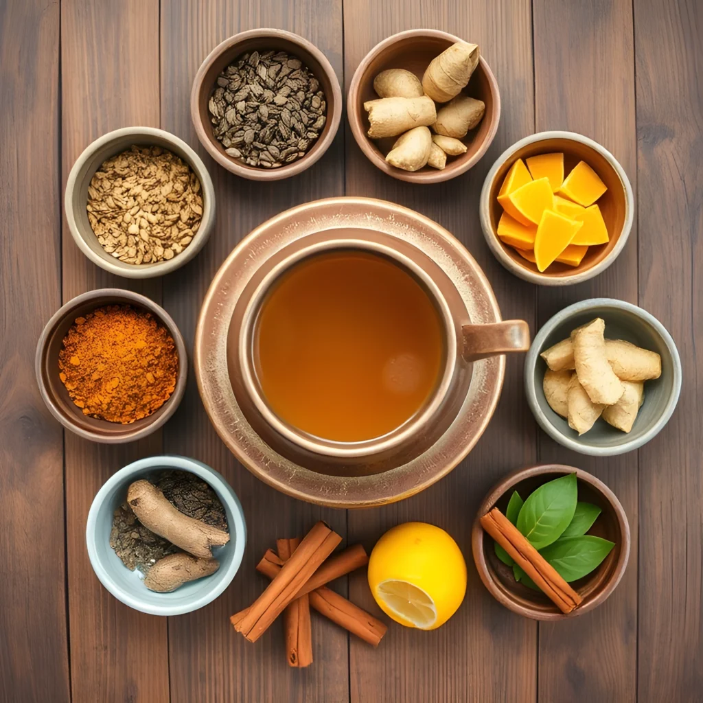 A top-down view of Ayurvedic detox tea ingredients, including cumin, coriander, fennel seeds, turmeric, ginger, and tulsi leaves.