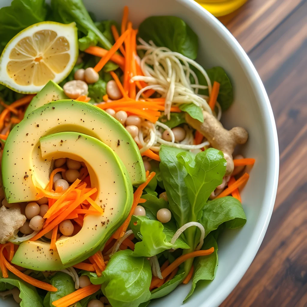 A vibrant salad bowl with leafy greens, avocado, sprouts, and a lemon wedge, paired with ginger slices and olive oil.