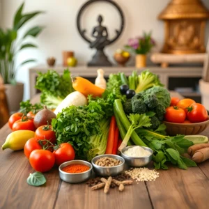 Ayurvedic dining setup with fresh vegetables, herbs, and spices on a wooden table, emphasizing the balance of health and nutrition.