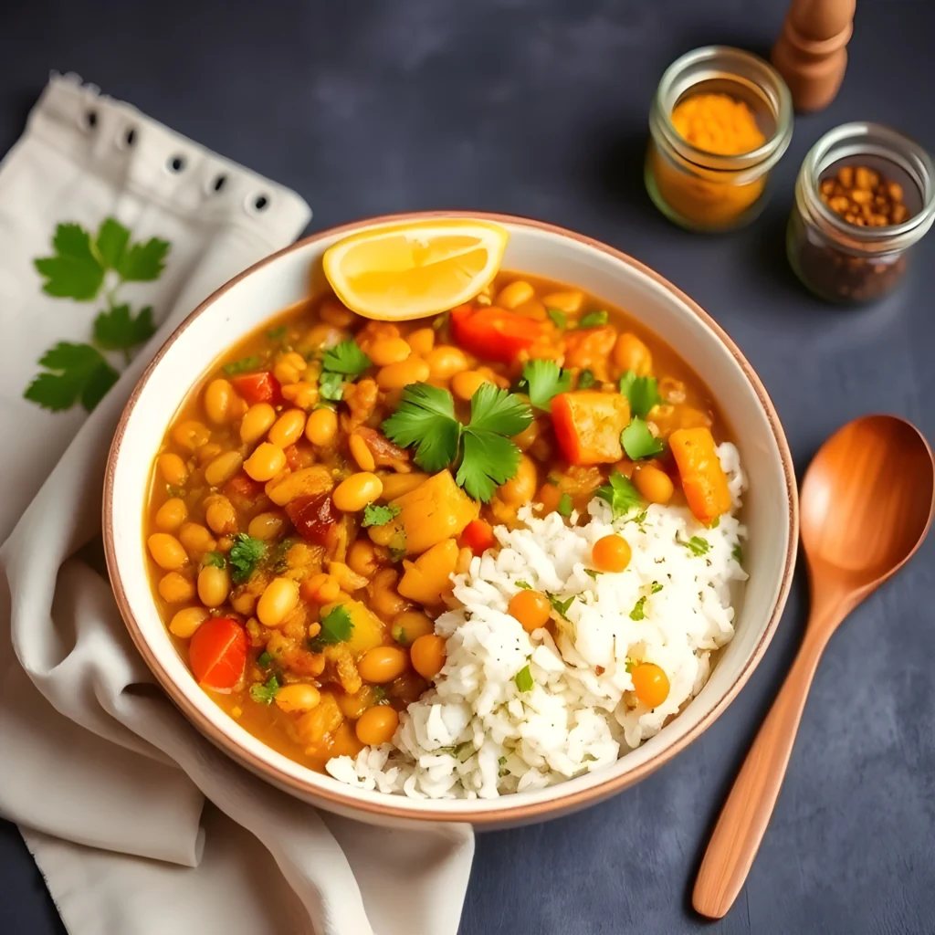 Traditional Ayurvedic kitchari meal for detox, made with mung beans, basmati rice, and fresh vegetables.