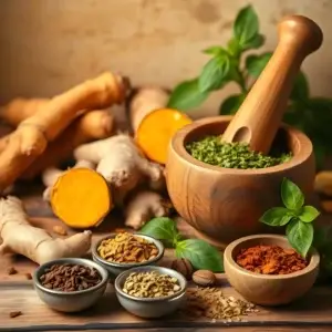 An Ayurvedic kitchen with fresh turmeric roots, ginger, holy basil leaves, and spices arranged neatly with a wooden pestle and mortar, showcasing natural anti-inflammatory ingredients.