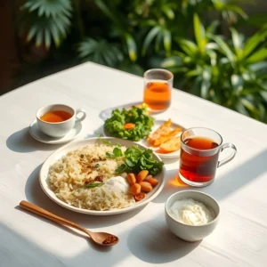 A tranquil Ayurvedic meal setup with fresh ingredients, including rice, vegetables, spices, and herbal tea, in a natural setting.