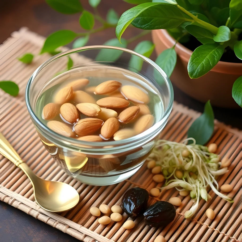 A glass bowl with soaked almonds, mung sprouts, and dates, illustrating Ayurvedic preparation techniques for raw foods.