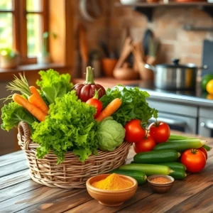 A rustic kitchen table with fresh raw vegetables, spices, and a cooking pot in a warm natural setting.