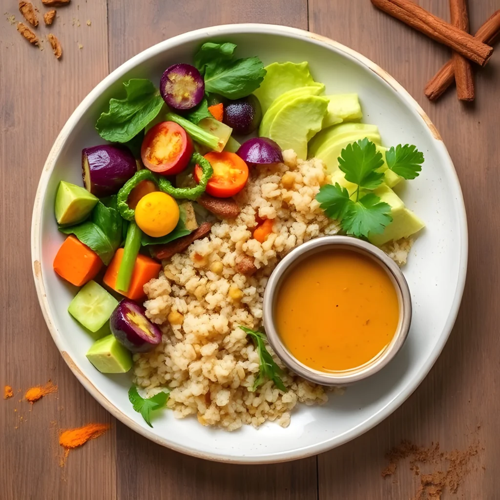 A balanced Ayurvedic meal on a plate, with vegetables, grains, soup, and empty space, surrounded by spices like turmeric and cumin.