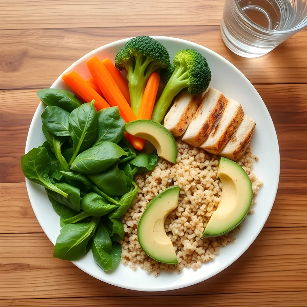 Balanced meal plate with vegetables, grilled chicken, quinoa, and avocado slices, illustrating a healthy diet.