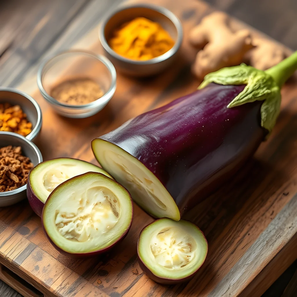 Sliced brinjal with Ayurvedic spices like turmeric, cumin, and ginger, representing its use and considerations in Ayurvedic diets.