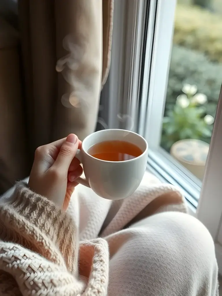 A serene scene featuring a person holding a steaming cup of chamomile tea while seated by a window. The person’s hands are wrapped around the cup, and a cozy blanket drapes over their lap. Outside the window, soft greenery or a hint of sunset is visible, enhancing the calming ambiance.