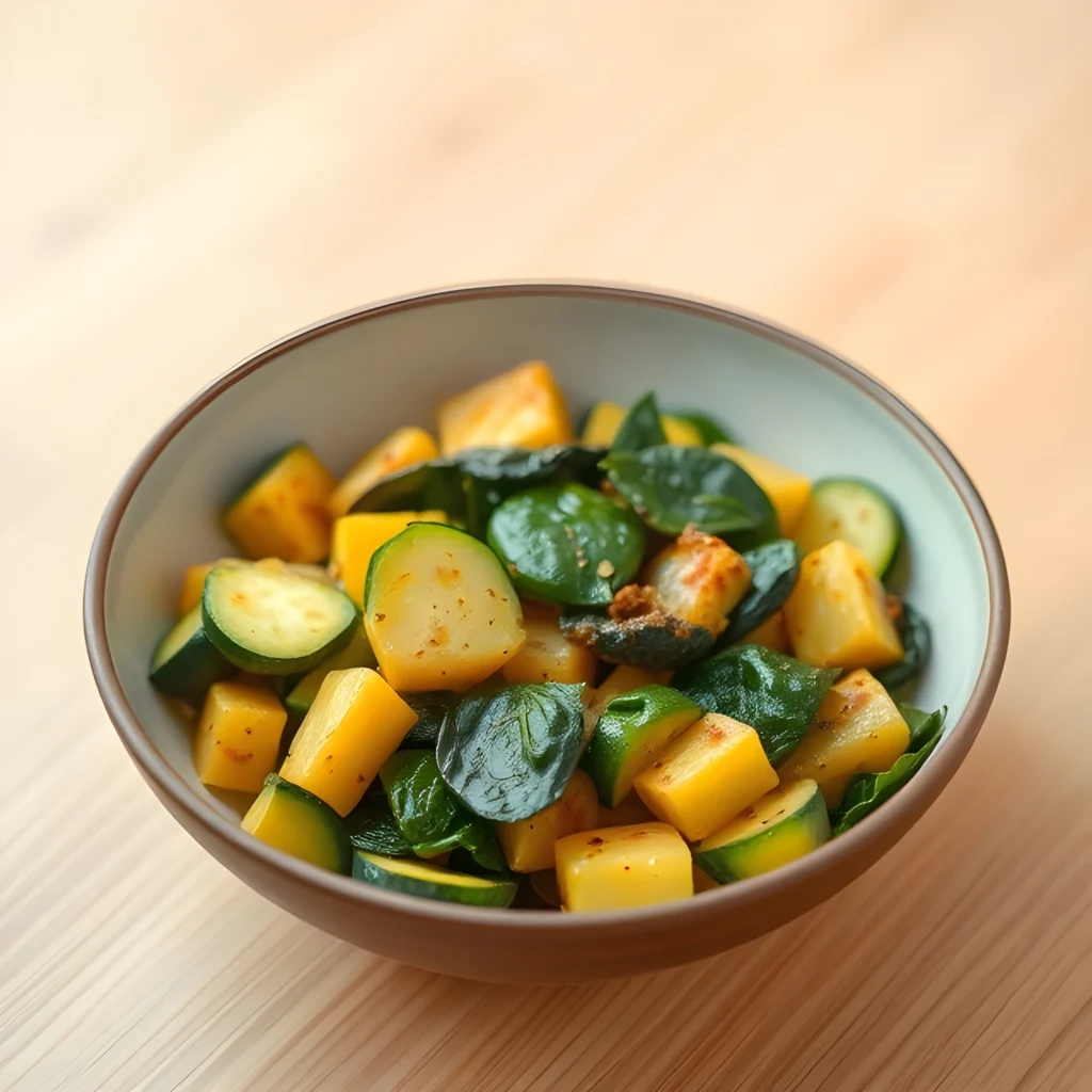 A bowl of steamed and sautéed zucchini, squash, and spinach with Ayurvedic spices, promoting digestive-friendly eating.