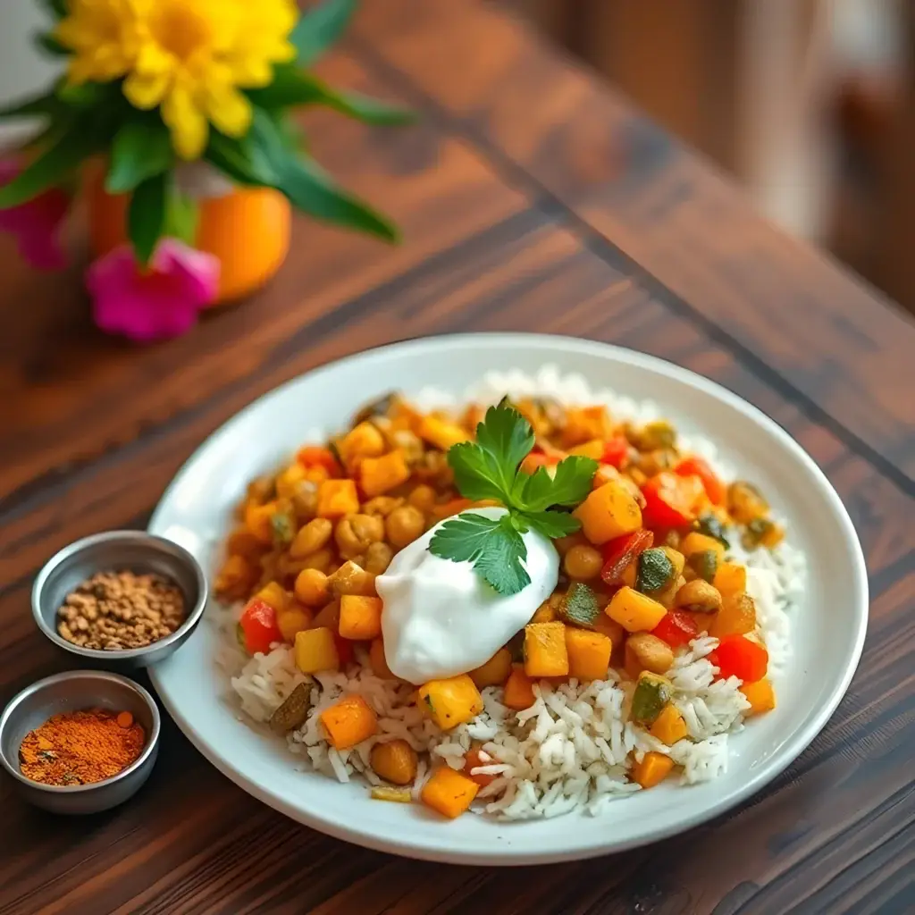 Daily Food Routine for Ayurveda
Balanced Ayurvedic lunch with basmati rice, mung dal, seasonal vegetables, and fresh yogurt, showcasing the midday food routine in Ayurveda.