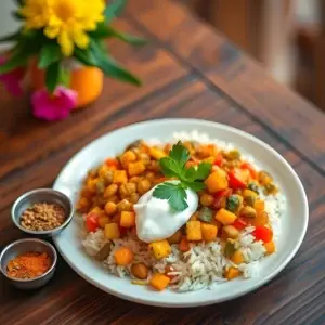 Daily food routine for ayurveda A plate containing rice over that there is daal and a teaspoonful of yoghurt