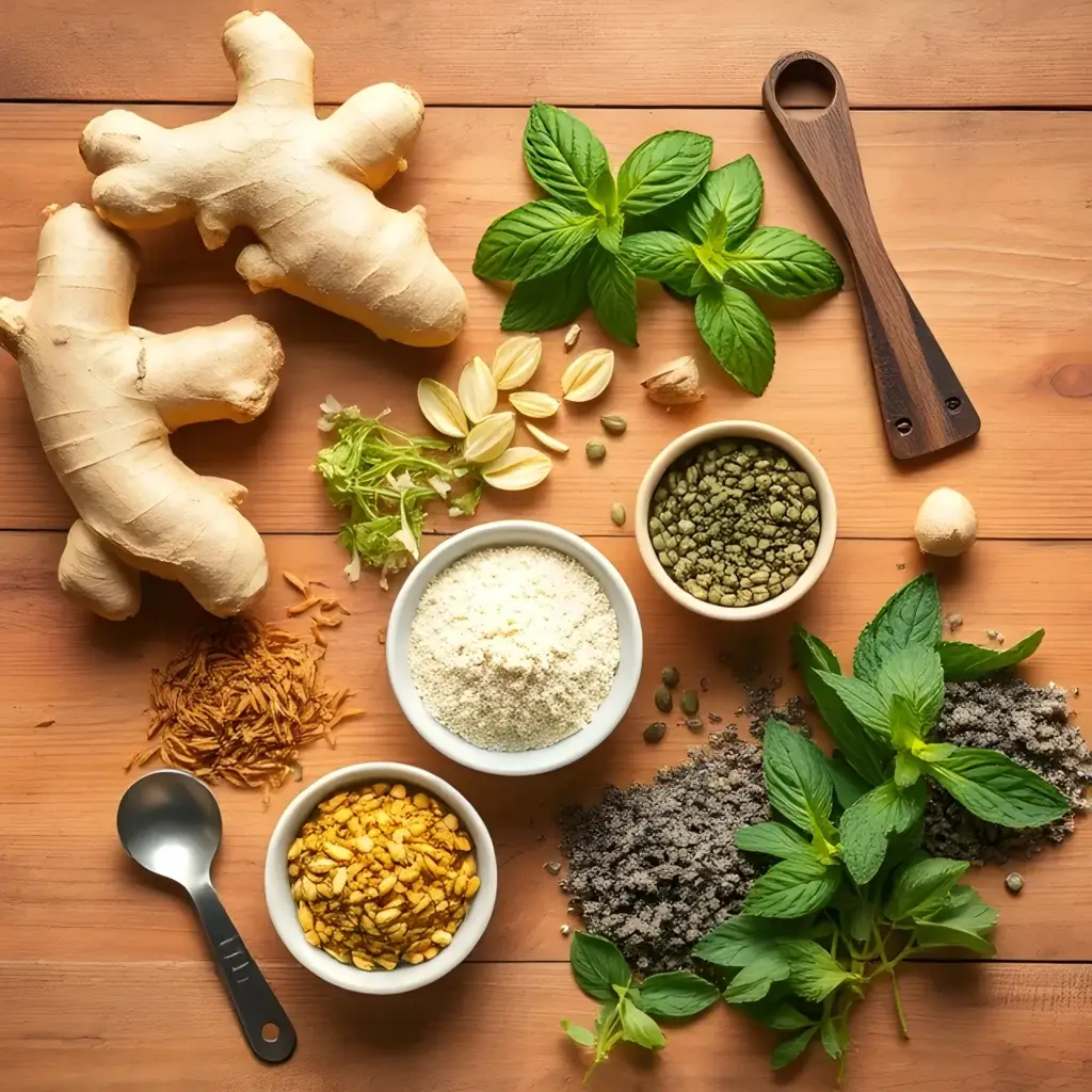 Detox Tea for Colon Cleanse
A flat-lay image showcasing fresh and dried detoxifying herbs like ginger roots, fennel seeds, mint leaves, coriander seeds, Triphala powder, and dandelion roots. The ingredients should be arranged neatly on a rustic wooden table, with small bowls and measuring spoons to emphasize the DIY aspect. A warm, earthy color palette should dominate, with natural lighting.