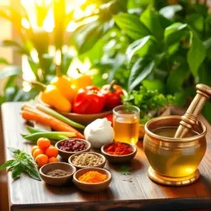 A serene Ayurvedic setting with fresh vegetables, spices, and a brass mortar and pestle on a rustic wooden table, symbolizing Ayurvedic dietary principles.