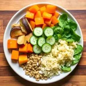 A plate divided into three sections with foods for Vata, Pitta, and Kapha doshas, illustrating the Ayurvedic concept of dietary individuality.