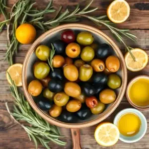 Black and green olives in a bowl