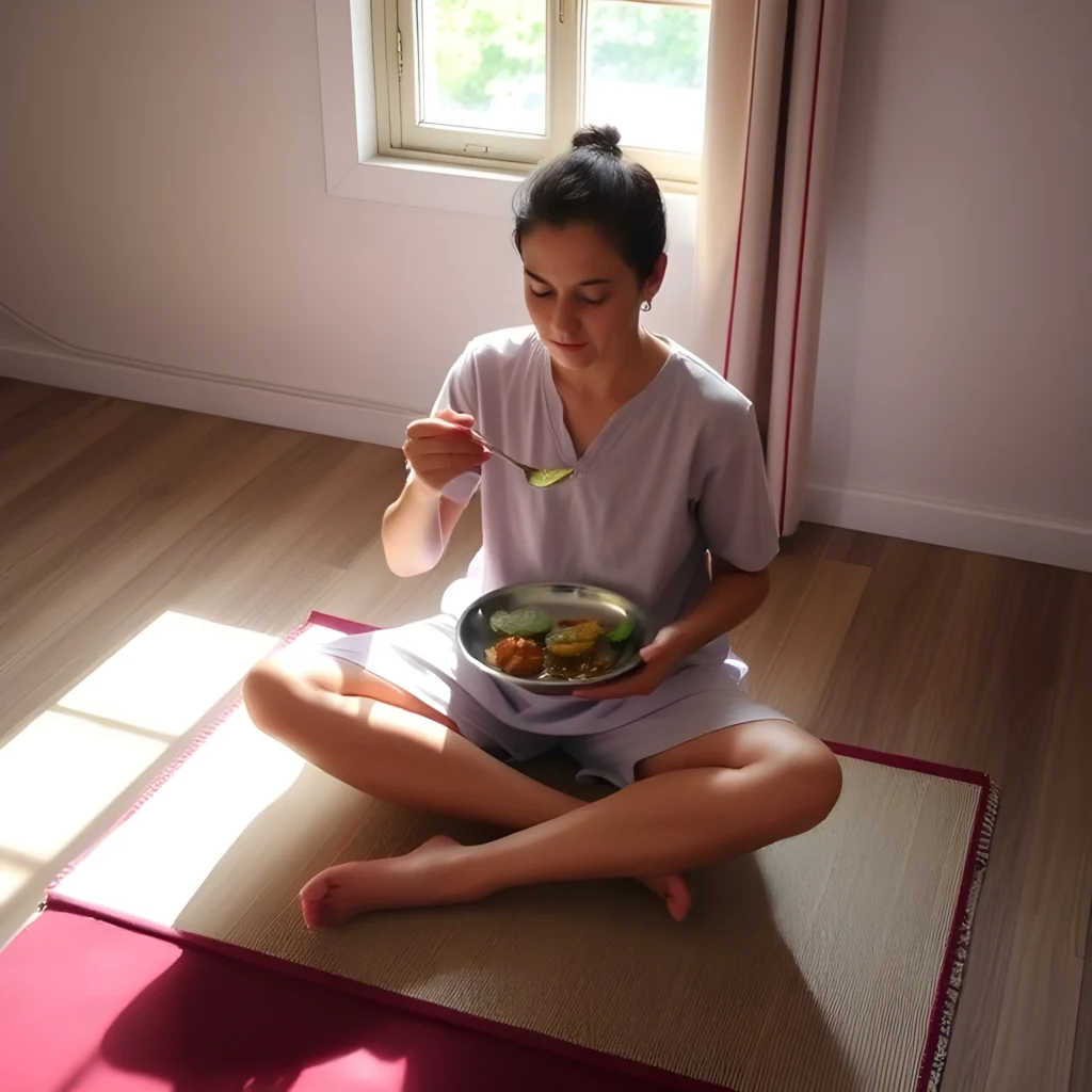 A person sitting cross-legged, eating a balanced Ayurvedic meal from a traditional thali, in a calm and serene setting.