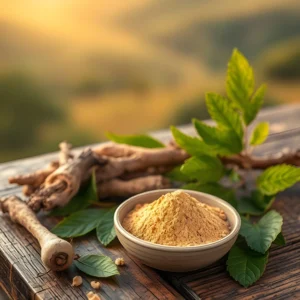 Ashwagandha powder and roots on a rustic wooden table, symbolizing natural remedies for anxiety.