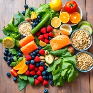 Colorful array of nutrient-rich foods including fruits, vegetables, grains, nuts, and lean proteins on a rustic table.