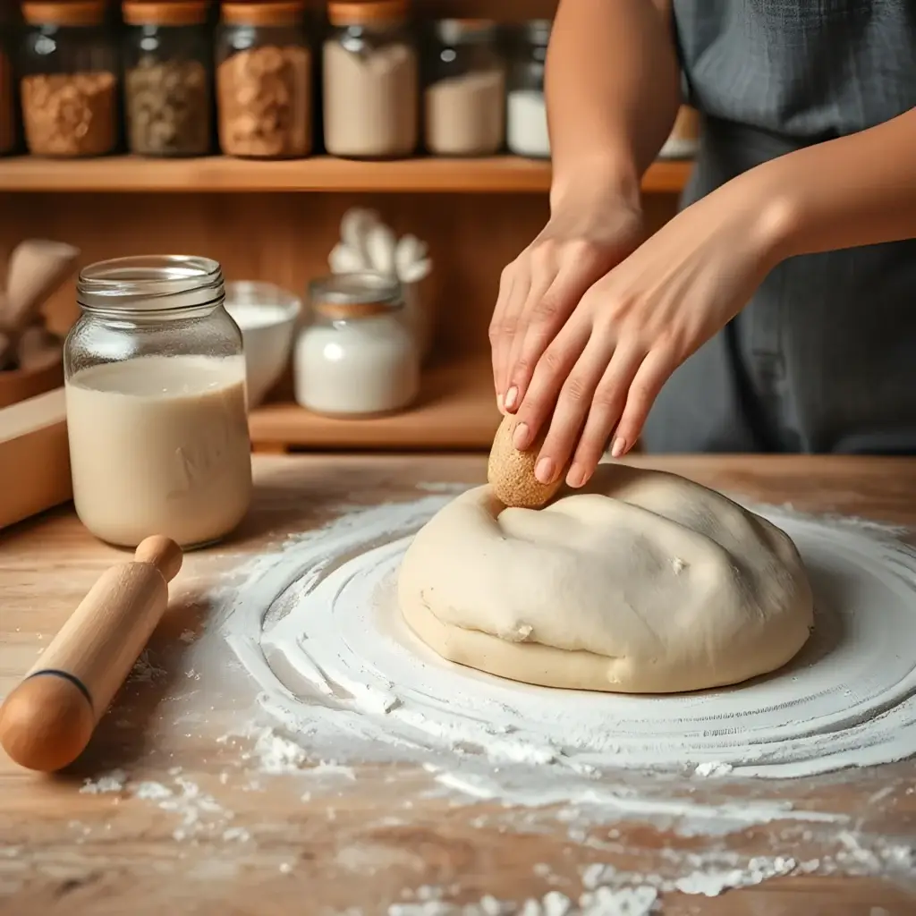 A traditional sourdough bread baking scene with a baker's hands shaping dough on a floured surface. A jar of bubbly sourdough starter and simple kitchen tools like a rolling pin and dough scraper are visible. The background includes natural wooden shelves stocked with jars of grains and ingredients, giving a warm, artisan vibe. Its explaining, is sourdough healthier than white bread.