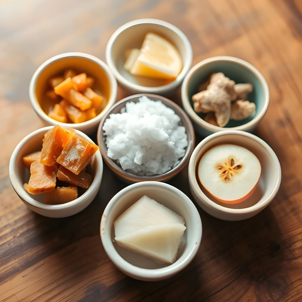 Six small bowls representing the six Ayurvedic tastes: sweet, sour, salty, pungent, bitter, and astringent, arranged in a circle on a wooden table.