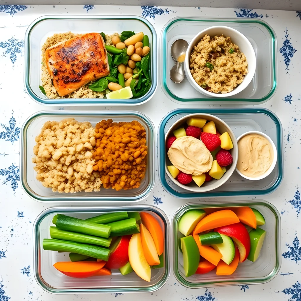 Weekly meal prep containers featuring balanced meals like salmon with quinoa, lentil curry, fruit bowls, and veggie sticks.