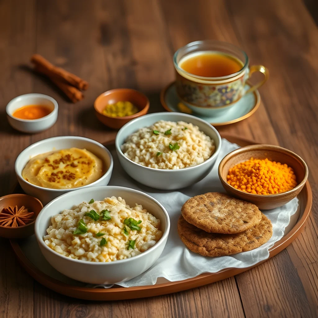 A balanced Ayurvedic breakfast table with oatmeal, upma, moong dal chilla, and warming spices for Vata dosha.