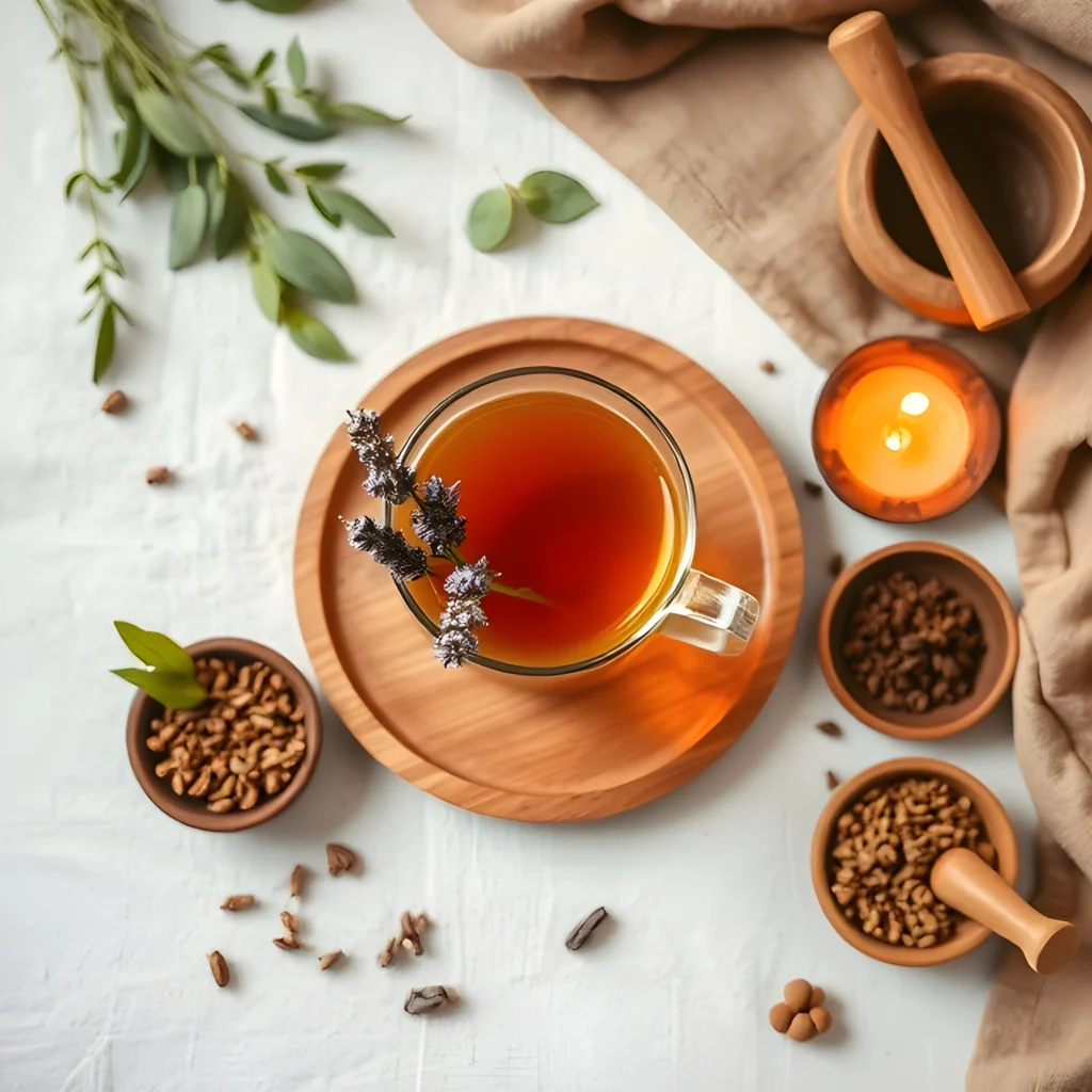 Lavender chamomile tea on a wooden tray with Ayurvedic herbs, a pestle and mortar, and a lit oil lamp.