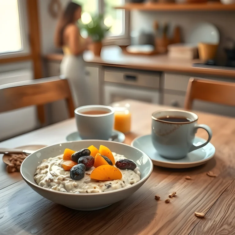 A warm Ayurvedic breakfast featuring oatmeal with stewed fruits, herbal tea, and ghee on a cozy wooden table.