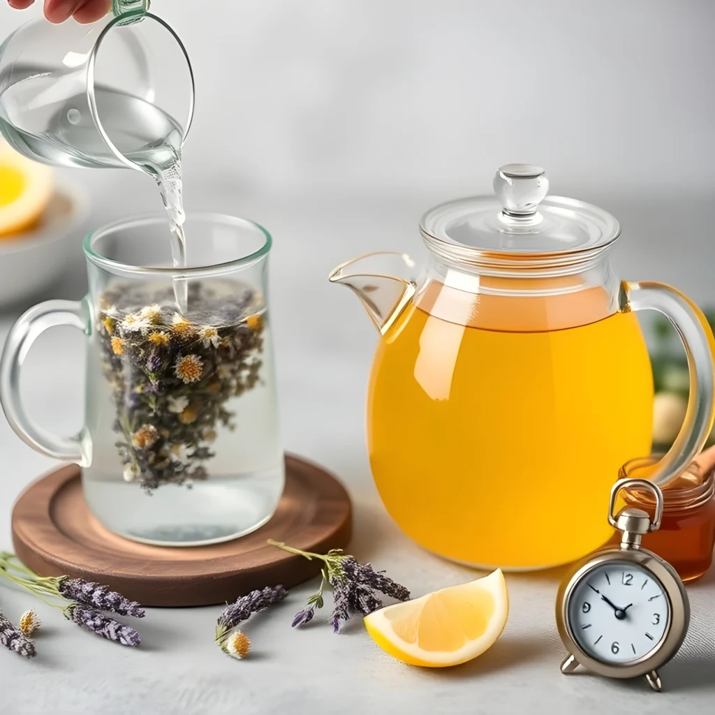 The brewing process of lavender chamomile tea with flowers steeping in a clear teapot and honey beside it.