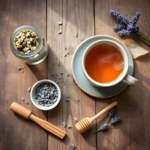 Ingredients for lavender chamomile tea including dried chamomile flowers, lavender buds, honey, and a steaming cup of tea.