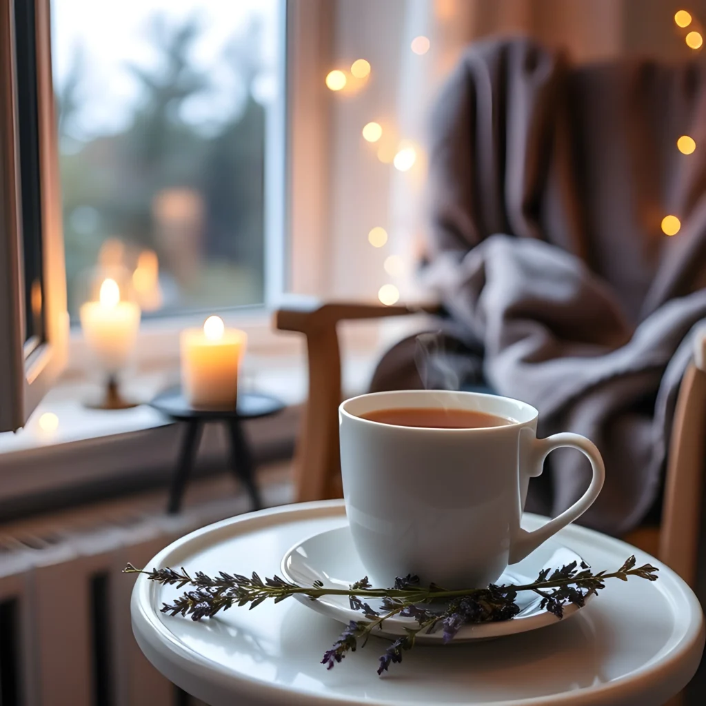 A steaming cup of lavender chamomile tea in a cozy evening setting with candles and a blanket.