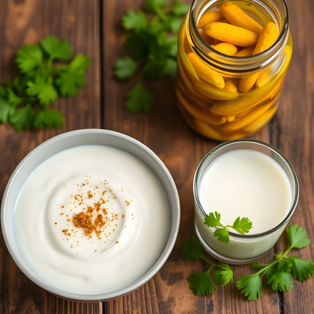 Homemade curd, buttermilk, and fermented pickles served in a rustic setup as natural probiotic foods for gut health.