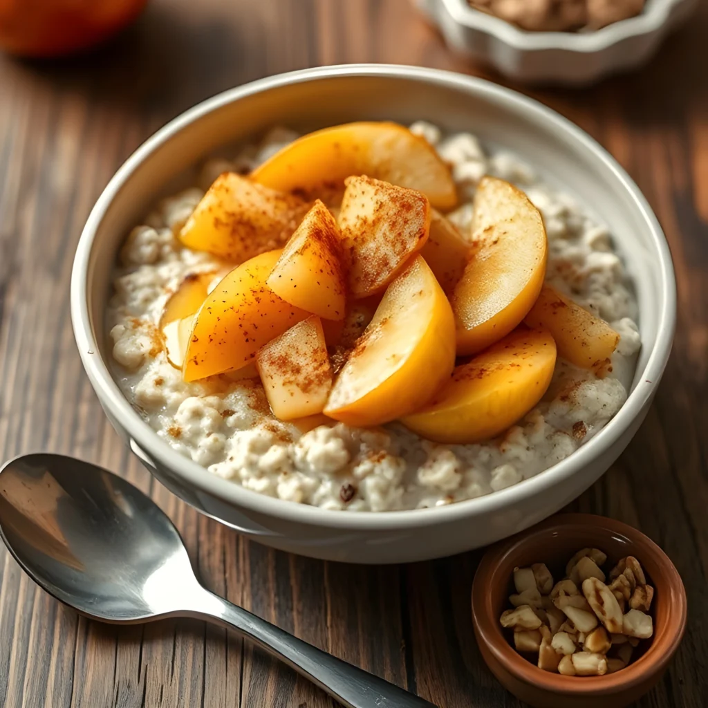 A comforting bowl of oatmeal topped with stewed apples, pears, and ghee, perfect for balancing Vata dosha.