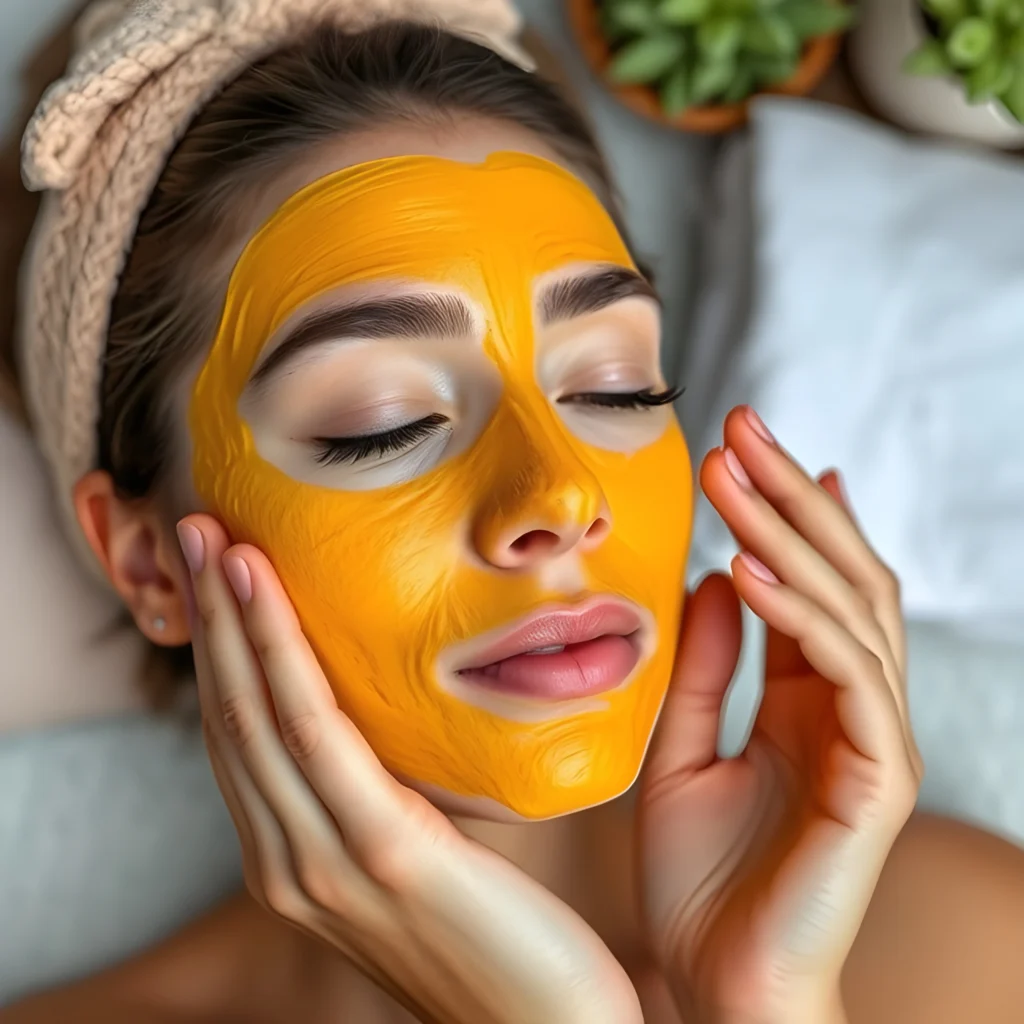 A person applying a turmeric and papaya seed face mask to their skin, with a calm, spa-like atmosphere in the background.