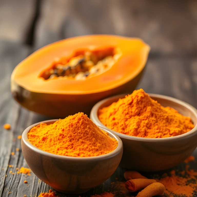 Close-up of papaya seeds and turmeric powder in wooden bowls with a rustic background, highlighting their natural colors and textures.