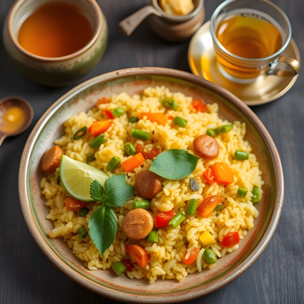 A colorful plate of vegetable upma with curry leaves, lime, and ginger tea, an ideal Ayurvedic breakfast for Vata dosha.