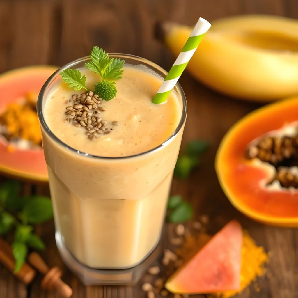 A healthy smoothie made with papaya seeds, turmeric, and fruits, garnished with fresh herbs, in a glass with a straw on a wooden table.