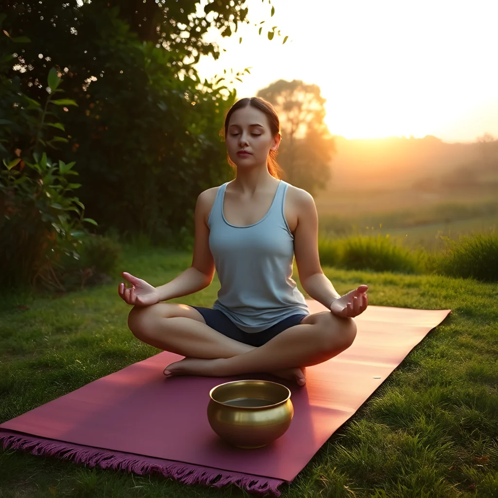 Person meditating outdoors during sunrise, practicing yoga and mindfulness for a healthy gut-brain connection.