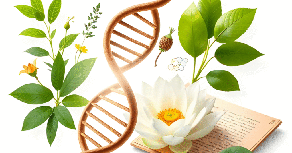 Illustration showing the convergence of Ayurveda and genomics through DNA and herbs forming ayurnutrigenomics